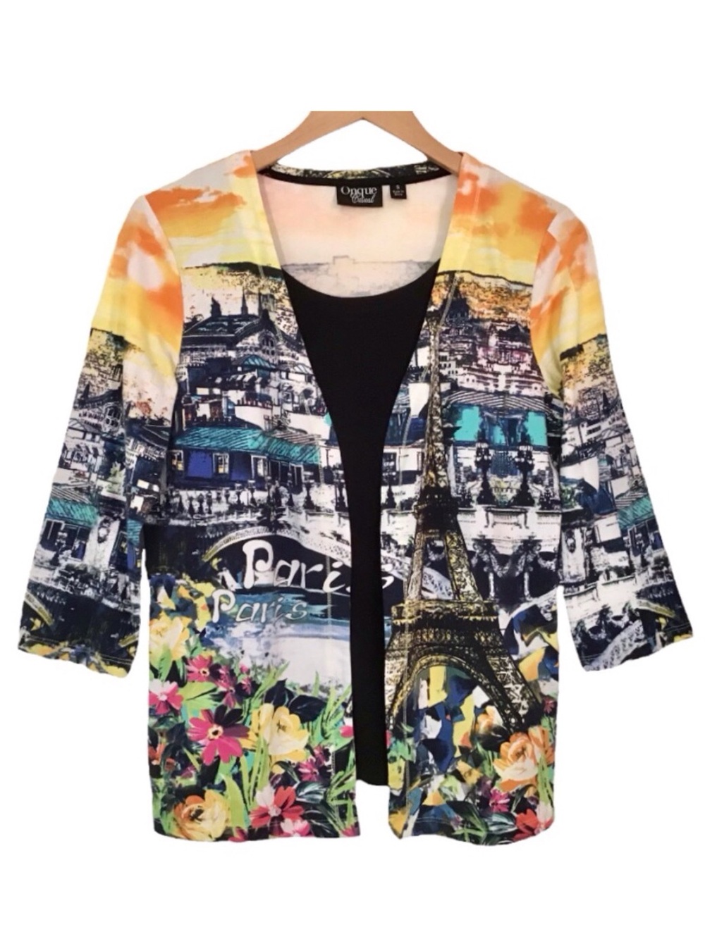 Onque Casual Layered Look Top Size S Colorful Paris Travel Eiffel Tower Scene
